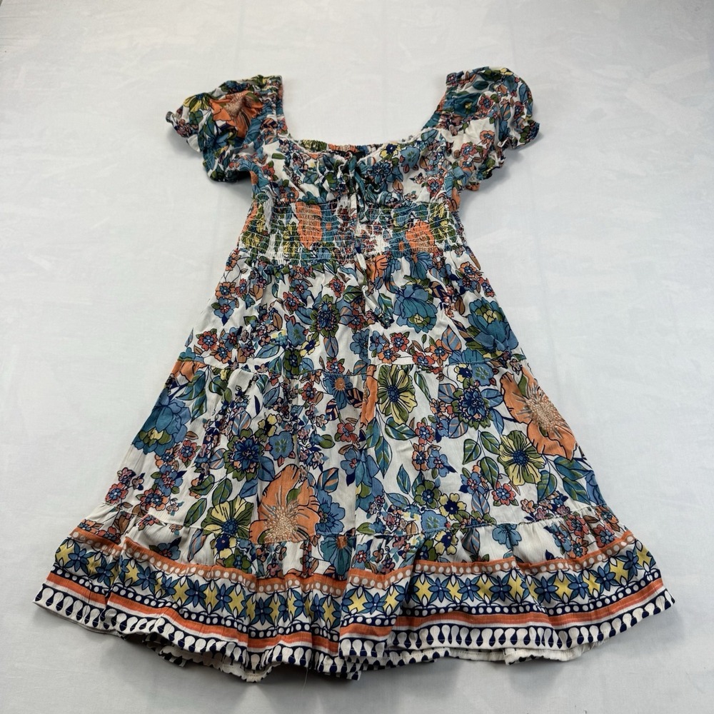 Angie Womens Medium Floral Rayon Dress Boho Smocked Off Shoulder Tiered Midi